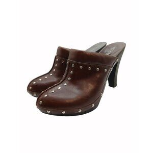 Michael Kors Brown Leather Studded Clogs High Heel Mules Womens Shoes 8 Astor